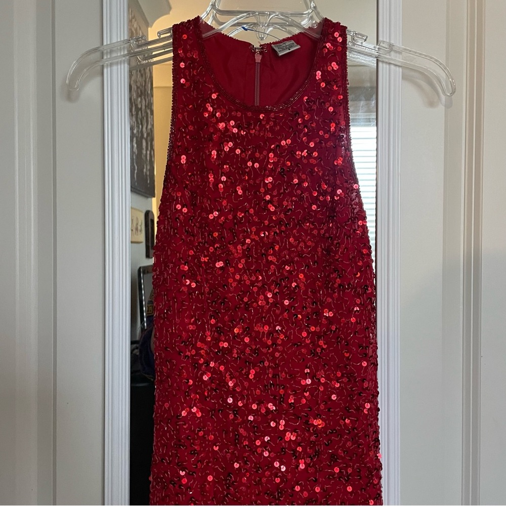Vintage Scarlett Red 90s Y2K Beaded Formal Evening Gown Leg Slit